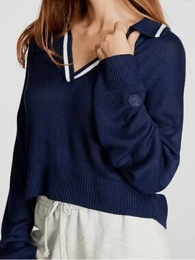 Cambridge Navy V-Neck Knit Preppy Academia Varsity Polo Sweater